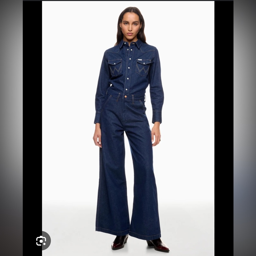NWT Wrangler Free People Trouser Coverall Jumpsuit Aged Blue Denim Pearl Snap